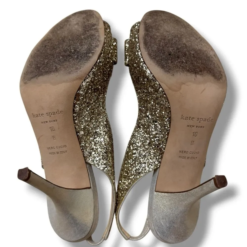 Kate Spade Charm Glitter Slingback Sandals Gold Women’s Size 10 Galm Core